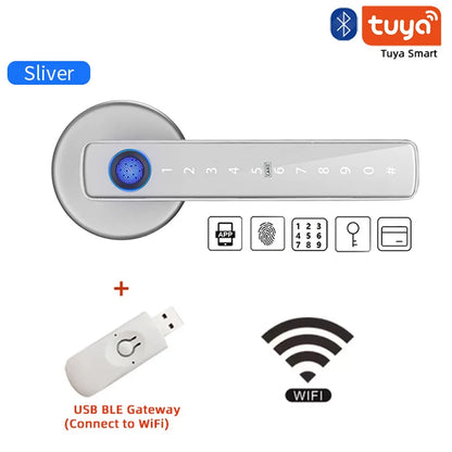 Serrure de porte intelligente avec capteur d'empreintes digitales et code numérique – sans clé, sécurisée et contrôlable via l'application Tuya pour votre maison intelligente.