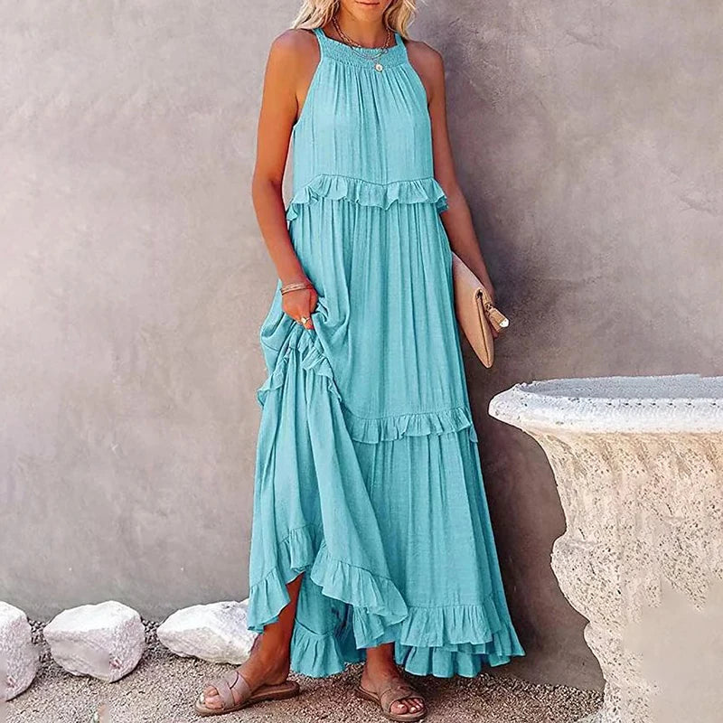 Langes Rüschenkleid – Elegantes ärmelloses Maxikleid für stilvolle Auftritte am Strand oder abends