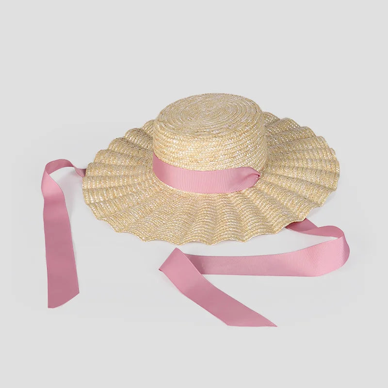 2024 Summer Straw Hat Beach Hat Women's Seaside Sun Hat Vacation Bow Ribbon Flat Top Big Brim Straw Hat