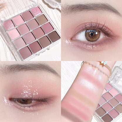 Lidschattenpalette mit 16 Sunset-Farbtönen – Mix aus matten & schimmernden Erdtönen, ideal für vielseitige Alltags- und Abendlooks im Korean-Style.