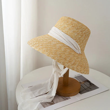 2024 Summer Straw Hat Beach Hat Women's Seaside Sun Hat Vacation Bow Ribbon Flat Top Big Brim Straw Hat