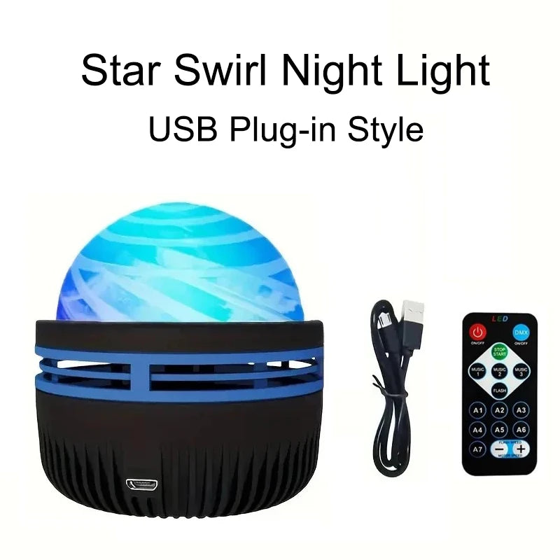 LED-Galaxy-Nachtlicht mit RGB-Farbwechsel & Fernbedienung – projiziert bunte Sternwirbel, ideal für Kinderzimmer, Wohnzimmer oder Party.