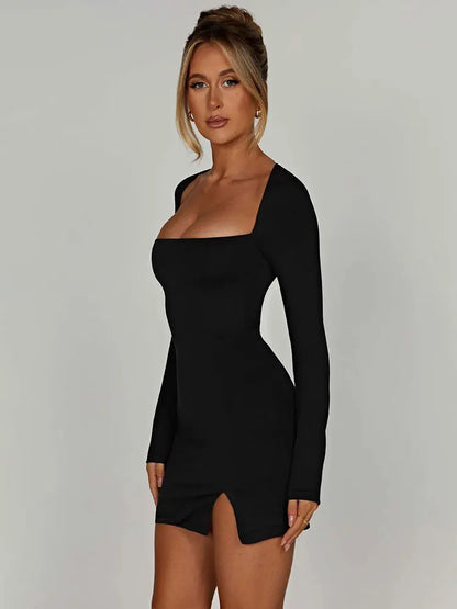 Black mini dress with long sleeves and lacing – backless and figure-hugging in streetwear look