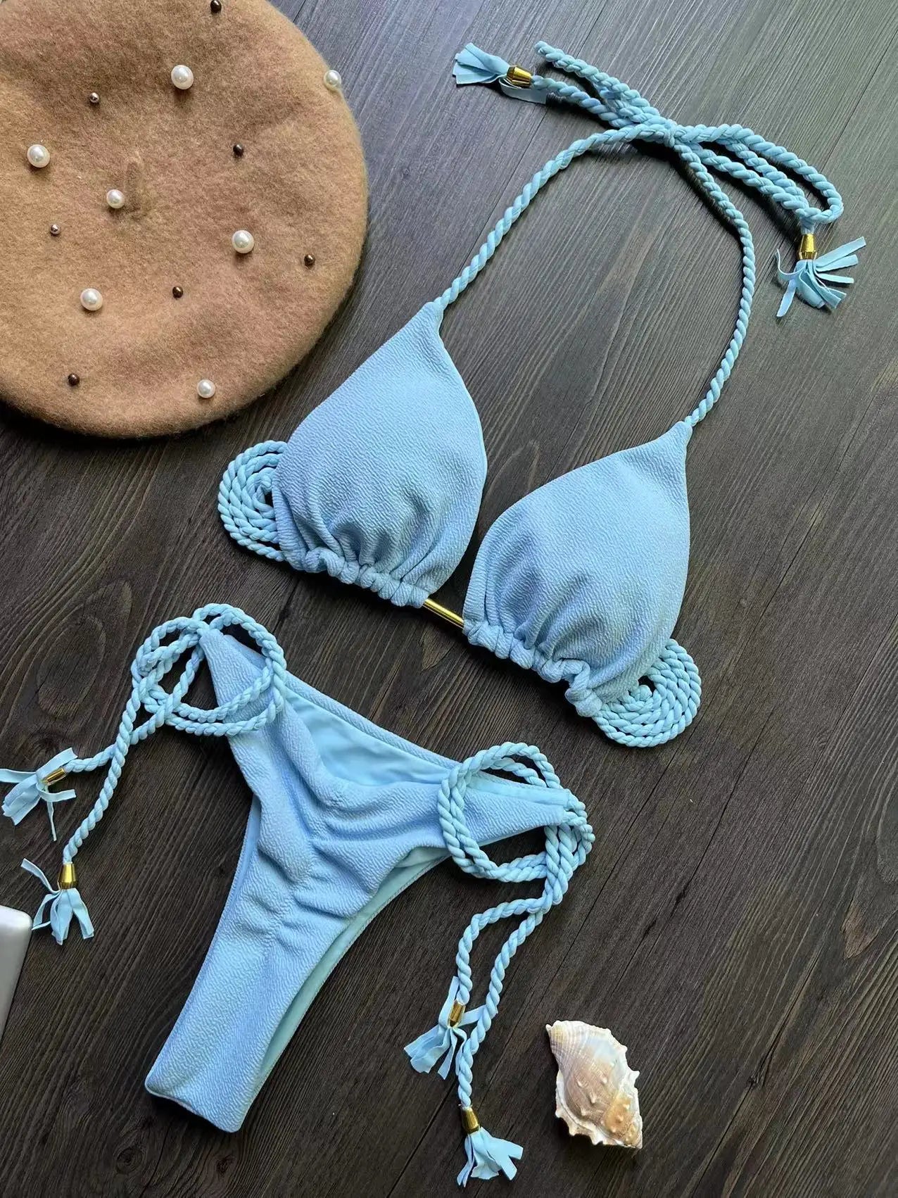 Bikini en bande tressée – Ensemble triangle deux pièces au style brésilien