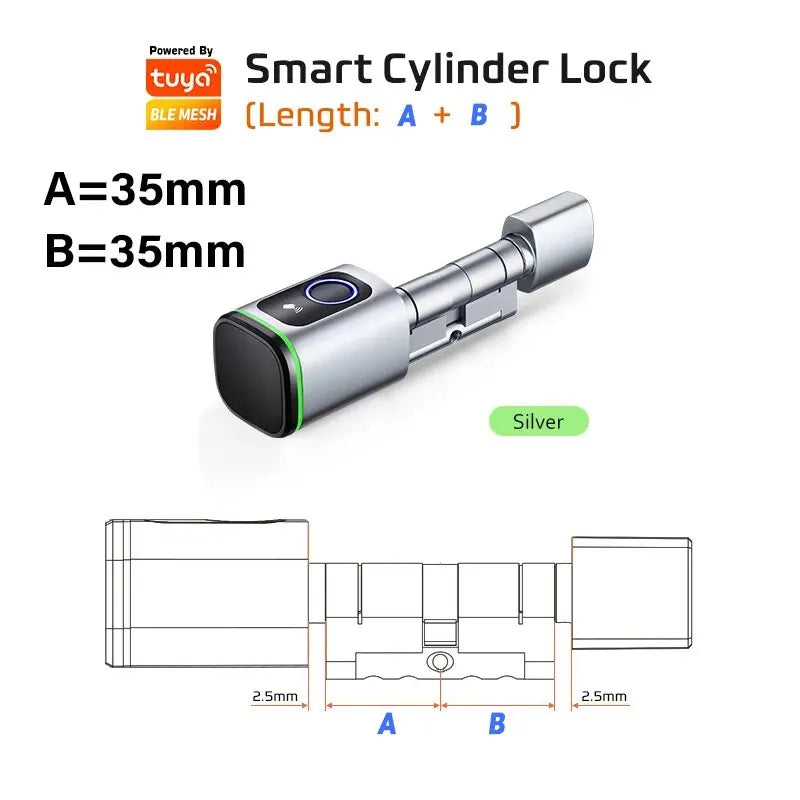 Smart cylinder lock with fingerprint, Bluetooth & IC card – easy installation, including battery and Tuya app control.