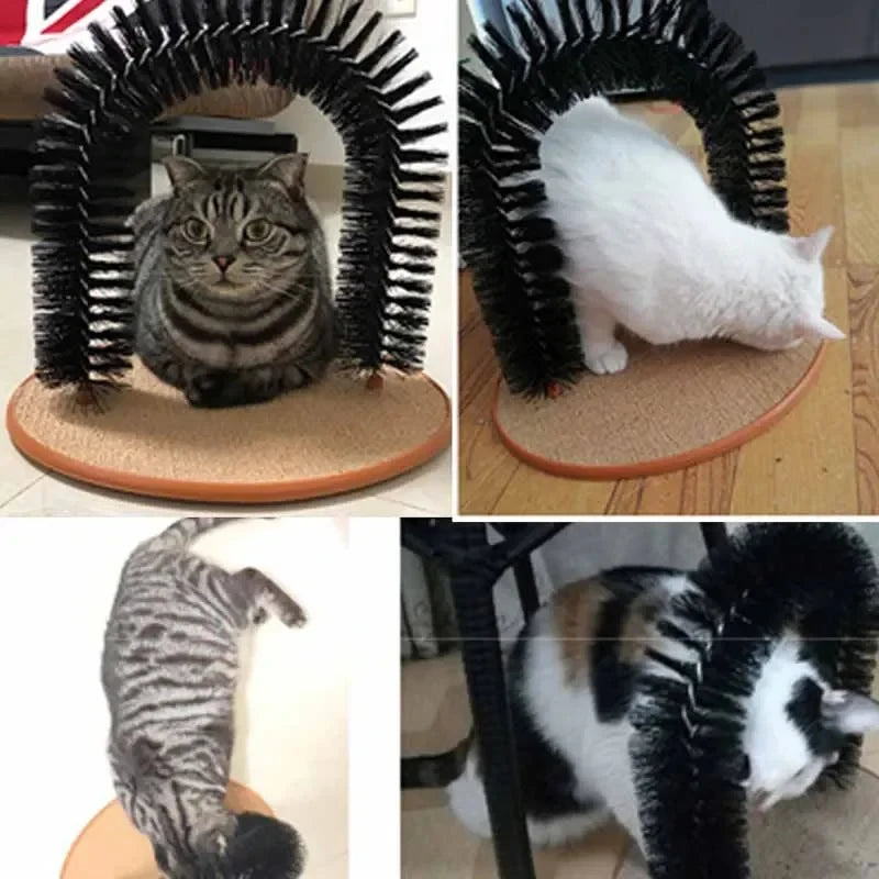 Katzen-Selbstpflegebogen mit Massagebürste & Kratzpad – interaktiv, ideal zum Reiben, Kratzen und Wohlfühlen für dein Haustier.