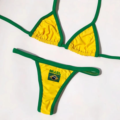 Brasil Flag Bikini-Set – Stylisches Patchwork-Design mit Stickerei & Kontrastdetails