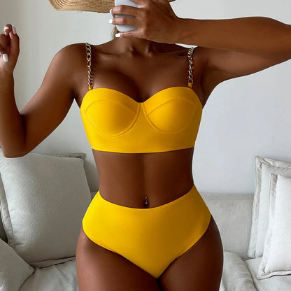 High-Waist Bikini Set – Gepolstertes Top mit Kettenträgern in 7 Farben