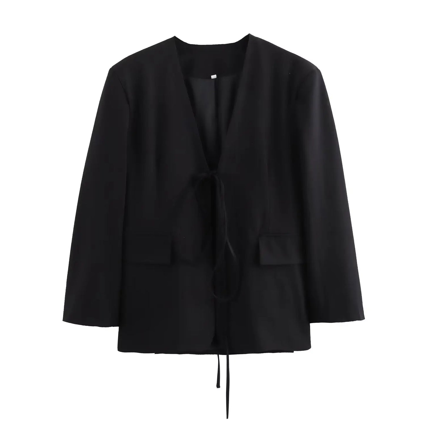 Oversized Blazer – Lässiger schwarzer Blazer mit V-Ausschnitt, Schleifendetail und Taschen im Streetwear-Stil