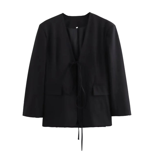 Oversized Blazer – Lässiger schwarzer Blazer mit V-Ausschnitt, Schleifendetail und Taschen im Streetwear-Stil