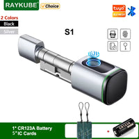 Smart cylinder lock with fingerprint, Bluetooth & IC card – easy installation, including battery and Tuya app control.