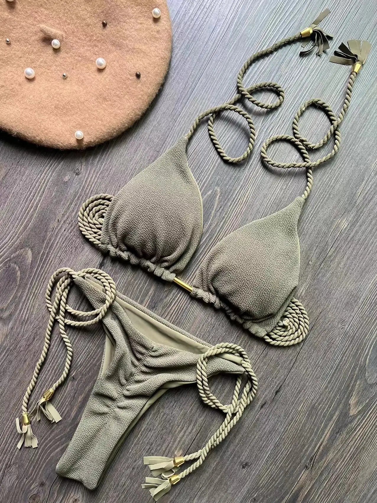 Bikini en bande tressée – Ensemble triangle deux pièces au style brésilien