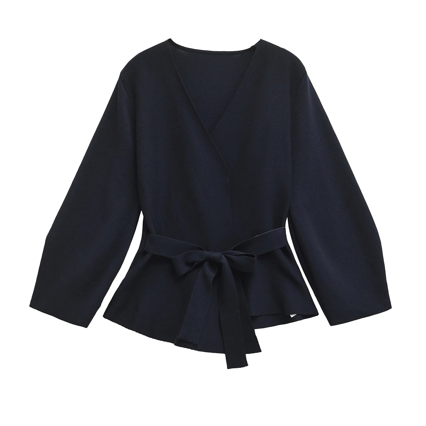 Leichter Strickcardigan mit V-Ausschnitt, Bindegürtel und schmalem Schnitt – ideal für stylische Y2K-Looks im Alltag.