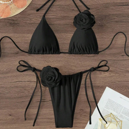 3D-Blumen Halter-Bikini – Zweiteiliges Set mit Trägerdesign