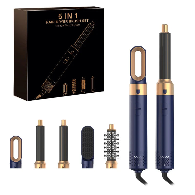 5-in-1 Heißluftstyler mit Föhn, Lockenstab & Glättaufsätzen – vielseitig, leistungsstark und ideal für flexibles Haarstyling zu Hause.