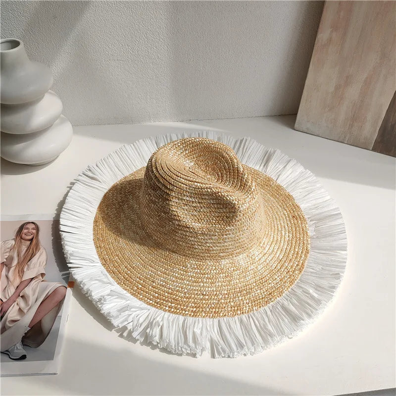 2024 Summer Straw Hat Beach Hat Women's Seaside Sun Hat Vacation Bow Ribbon Flat Top Big Brim Straw Hat