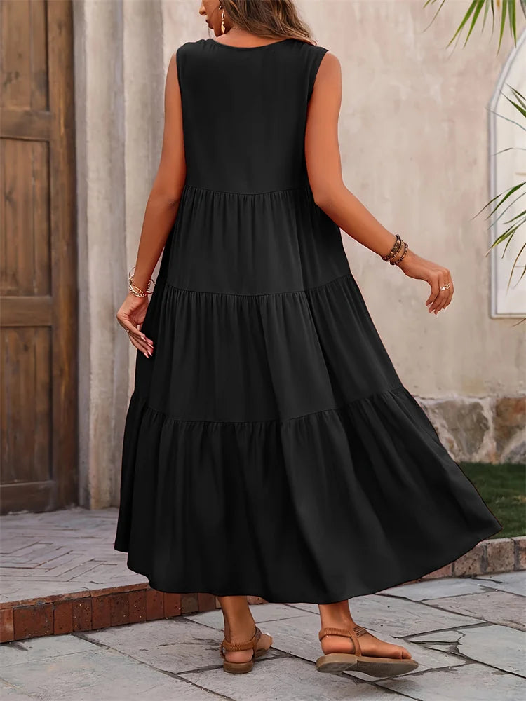Langes Sommerkleid – Luftiges Maxikleid mit V-Ausschnitt & Rüschen für stilvolle Urlaubsmomente