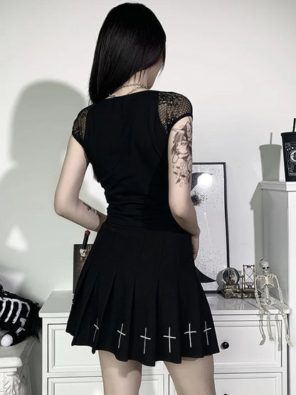Figure-hugging Gothic top with lace, mesh, and bandage details – black, edgy, and ideal for eye-catching streetwear styles.