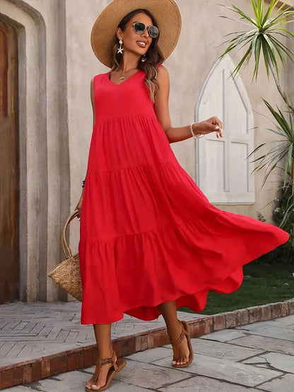 Langes Sommerkleid – Luftiges Maxikleid mit V-Ausschnitt & Rüschen für stilvolle Urlaubsmomente