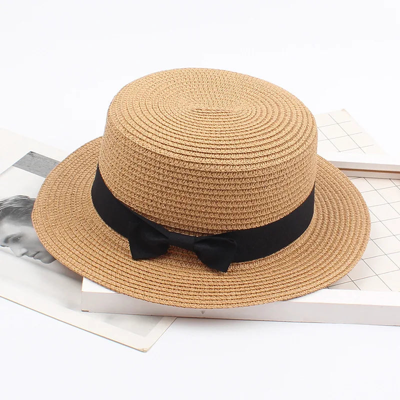 Summer outdoor M letter rhinestone flat brim sun hats Summer women's bowler hat Straw cap for travel shopping