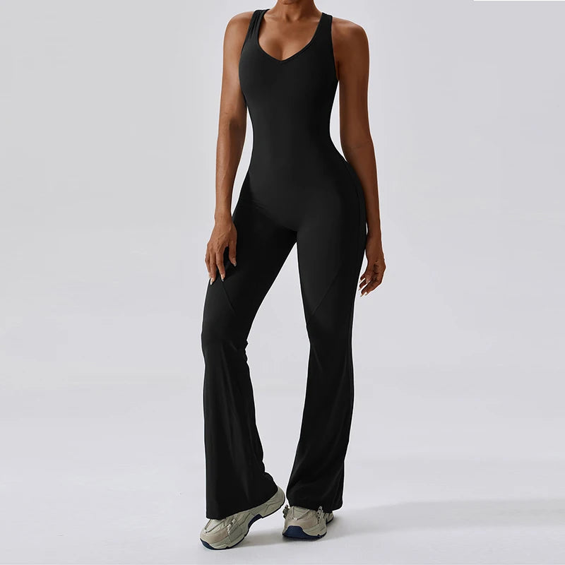 Jumpsuit de fitness avec décolleté en V dans le dos – extensible, ajusté et parfait pour le yoga, l'entraînement ou le workout.