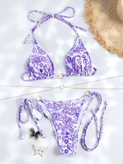 Set di Bikini Triangolo Sexy – Micro-Tanga con Dettagli in Catena e Design a Bandage in Motivi di Tendenza