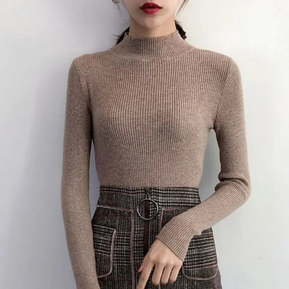 Fitted knit sweater with stand-up collar – simple, cozy, and perfect for stylish looks on cool days.