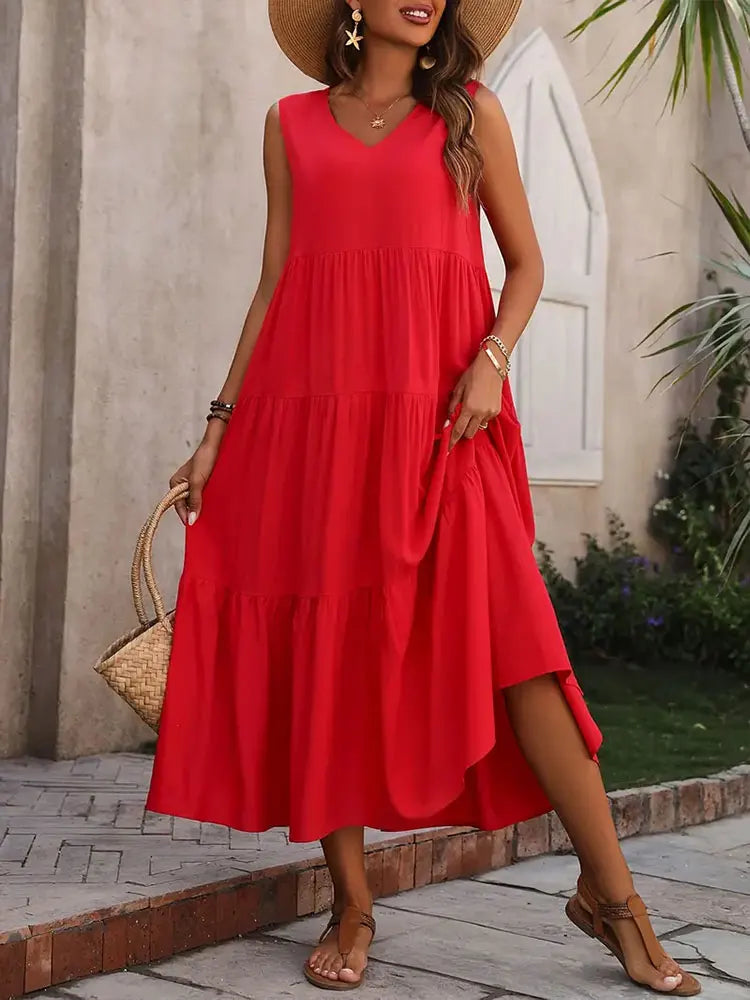 Langes Sommerkleid – Luftiges Maxikleid mit V-Ausschnitt & Rüschen für stilvolle Urlaubsmomente