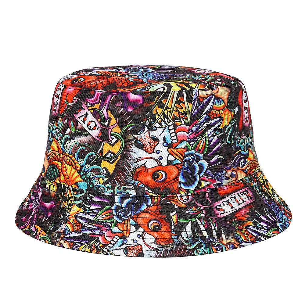 Wendbarer Panama-Bucket-Hat mit Tier- und Buchstabenprint – leicht, stylisch und ideal für Sommer, Strand oder Angeln.