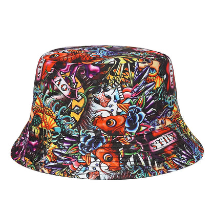 Wendbarer Panama-Bucket-Hat mit Tier- und Buchstabenprint – leicht, stylisch und ideal für Sommer, Strand oder Angeln.