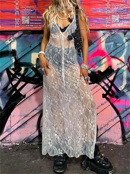 Spitzen-Maxikleid – Durchsichtiges Kleid mit Blumenmuster, Ärmellos & V-Ausschnitt, Ideal als Cover-up oder Party-Outfit