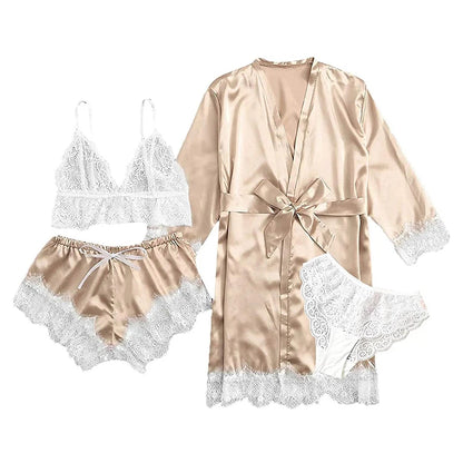 4-teiliges Satin-Schlafset mit Spitze – inkl. Shorts, Top, Hose & Robe – elegant, bequem und perfekt für stilvolle Sommernächte.