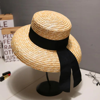 2024 Summer Straw Hat Beach Hat Women's Seaside Sun Hat Vacation Bow Ribbon Flat Top Big Brim Straw Hat
