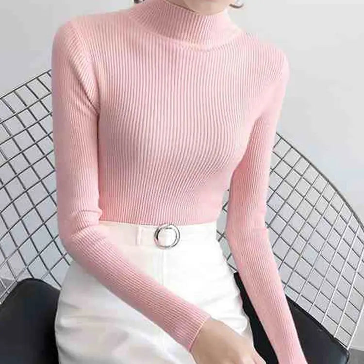 Fitted knit sweater with stand-up collar – simple, cozy, and perfect for stylish looks on cool days.