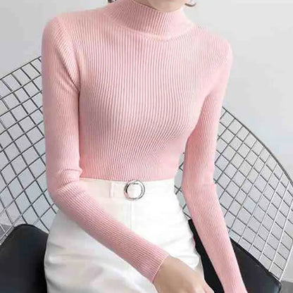 Fitted knit sweater with stand-up collar – simple, cozy, and perfect for stylish looks on cool days.
