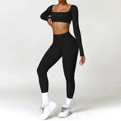 Conjunto deportivo de 2 piezas con camiseta de manga larga de secado rápido y leggings – cómodo, funcional y perfecto para yoga, entrenamiento o correr.