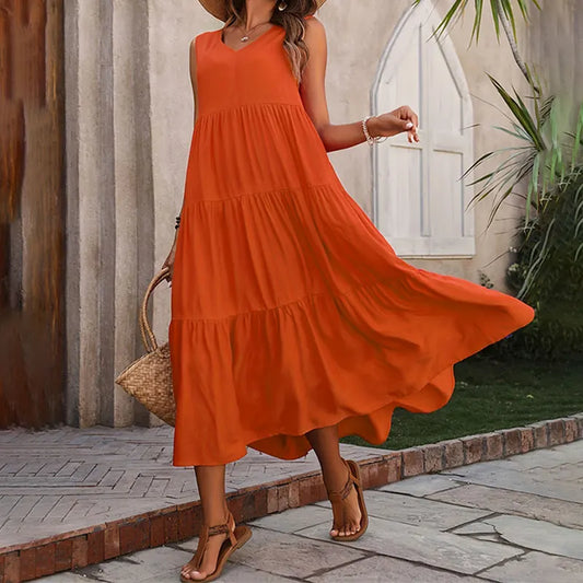 Langes Sommerkleid – Luftiges Maxikleid mit V-Ausschnitt & Rüschen für stilvolle Urlaubsmomente