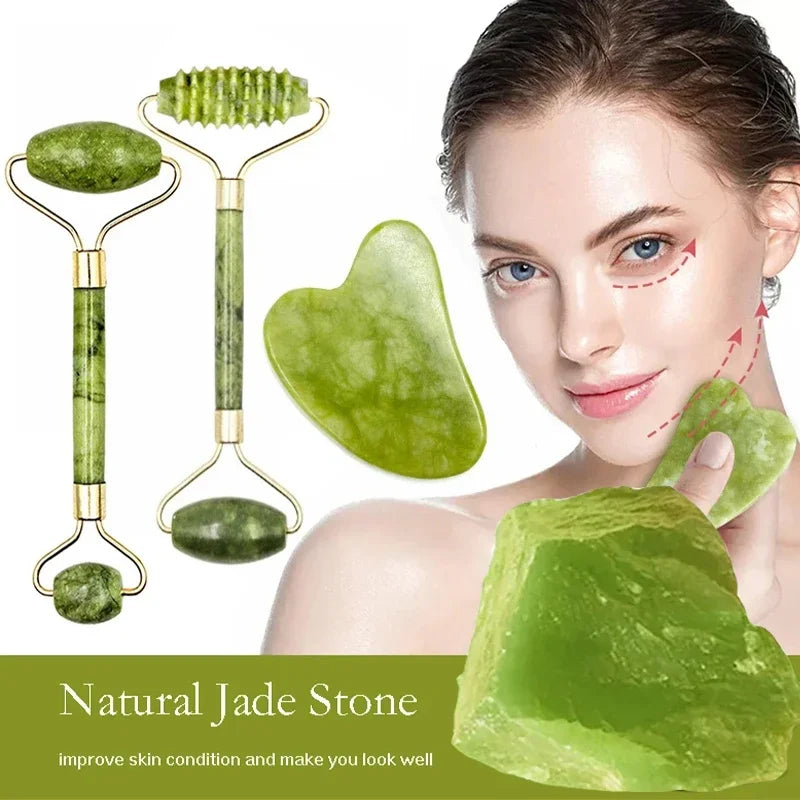 Gua Sha & Jade-Roller Set aus Naturstein – ideal für Gesichtsmassage, Hautpflege und entspannende SPA-Momente zu Hause.