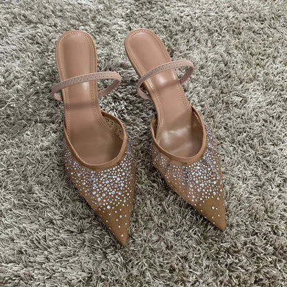 Elegante Sommer-Sandaletten mit Mesh, Glitzersteinen & spitzer Form – Slingback-Design, hohe Absätze und ideal für Partys & besondere Anlässe.