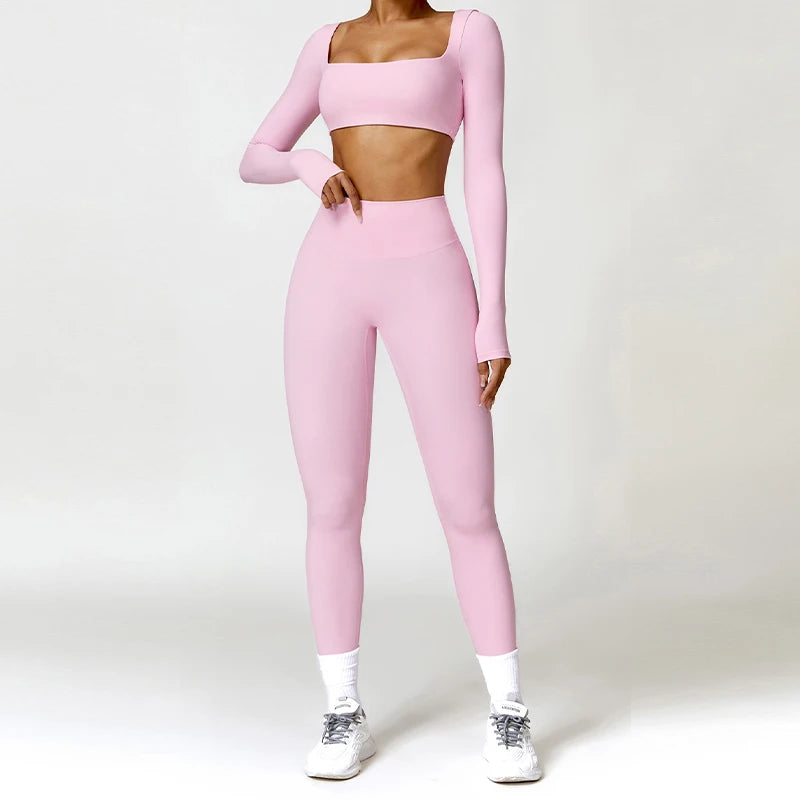 Conjunto deportivo de 2 piezas con camiseta de manga larga de secado rápido y leggings – cómodo, funcional y perfecto para yoga, entrenamiento o correr.