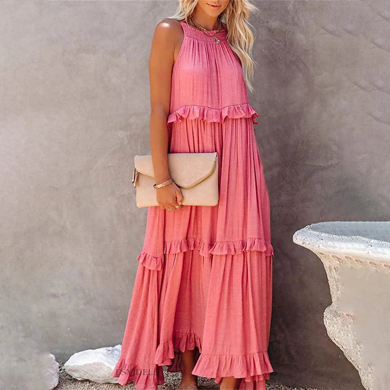 Langes Rüschenkleid – Elegantes ärmelloses Maxikleid für stilvolle Auftritte am Strand oder abends