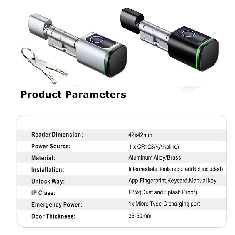 Smart cylinder lock with fingerprint, Bluetooth & IC card – easy installation, including battery and Tuya app control.