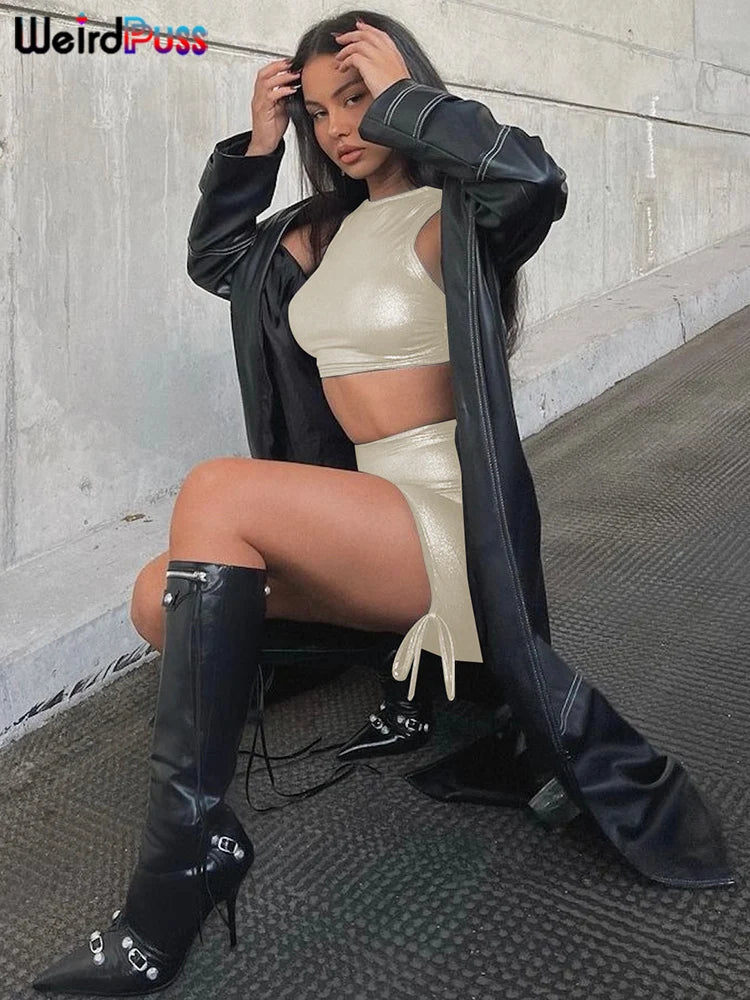 Transparenter 2-Teiler – Glänzendes Tanktop ohne Taille & geraffter Rock im Streetwear-Style