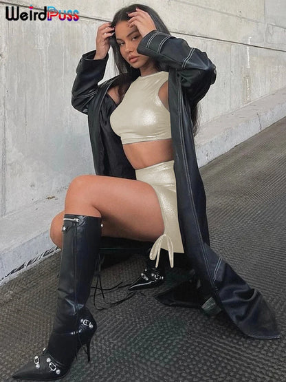 Transparenter 2-Teiler – Glänzendes Tanktop ohne Taille & geraffter Rock im Streetwear-Style