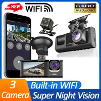 3-Kanal-Dashcam mit WLAN und Full HD – drei Linsen für Front, Innenraum & Heck, ideal für umfassende Videoüberwachung im Auto.