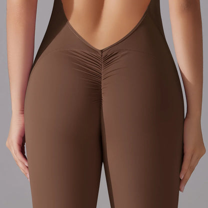 Rückenfreier Sport-Jumpsuit – Scrunch-Design, ärmellos mit Reißverschluss für Po-Lifting und Fitness