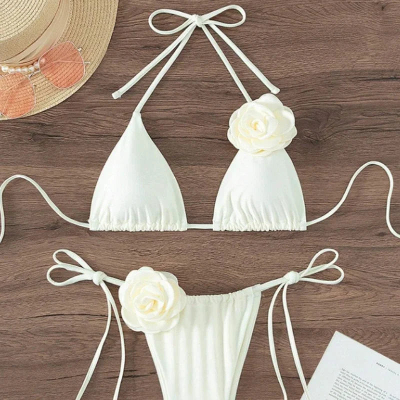 3D-Blumen Halter-Bikini – Zweiteiliges Set mit Trägerdesign