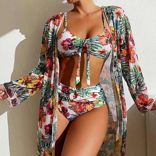 High-Waist Bikini Set – Dreiteiliges Design mit Blumenprint und Mesh-Bluse