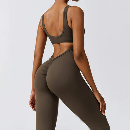 Jumpsuit de fitness avec décolleté en V dans le dos – extensible, ajusté et parfait pour le yoga, l'entraînement ou le workout.