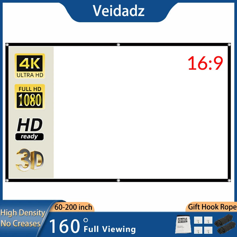 60–200 Zoll tragbare faltbare Projektorleinwand, hohe Dichte, weiß, faltenfrei, weich, 16:9 für innen & außen